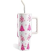 wannesy Christmas Tree 40 oz Tumbler with Handle and Straw Lid, Christmas Tree Themed Cute Gifts for Women Girls Double Insulated Cup Travel Coffee Mug