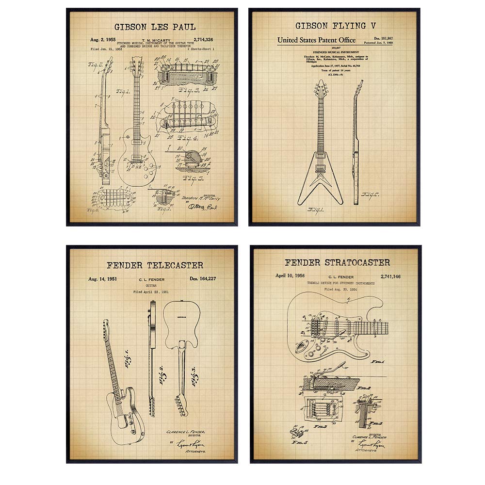 Famous Guitar Patent Art Prints - Vintage Wall Art Poster Set - Chic Home Decor for Bedroom, Living Room, Dorm, Man Cave - Great Gift for Musicians, Gibson, Fender Guitar Fans- 8x10 Photos - Unframed
