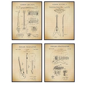 Famous Guitar Patent Art Prints - Vintage Wall Art Poster Set - Chic Home Decor for Bedroom, Living Room, Dorm, Man Cave - Great Gift for Musicians, Gibson, Fender Guitar Fans- 8x10 Photos - Unframed