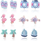 6 Pair Clip On Earrings for Girls, Colorful Resin Clip On Earrings Turtle Sailboat and More Pattern Non-Pierced Jewelry Beach Theme Jewelry Accessory for Kids Girls (6 Styles)