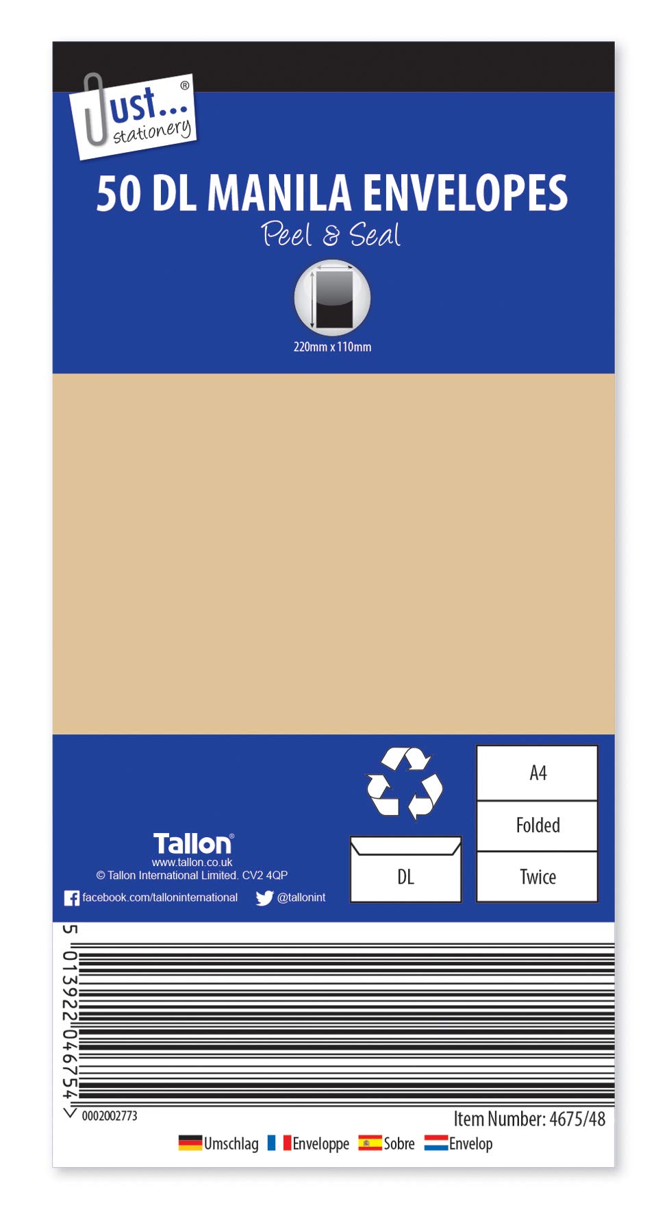 Tallon Just Stationery DL Peel & Seal Manila Envelopes (Pack of 50), 4675