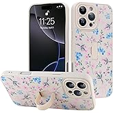 LEOMAKRON for iPhone 16 Pro Case with Finger Strap Kickstand,Cute Pink Flower Heart Bowknot Pattern for Women Girls,Full Camera Protection Aesthetic Shockproof TPU Design,White