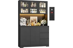finetones 71" Kitchen Pantry Cabinet with LED Lights and Charging Station, Modern Kitchen Cabinets Hutch Cabinet with Storage and Microwave Stand, Pantry Cabinets Buffet Cabinet with Countertop, Black