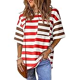 Womens Oversized Color Block Striped Tshirts Summer Casual Short Sleeve Tops Loose Fit Crew Neck Shirts