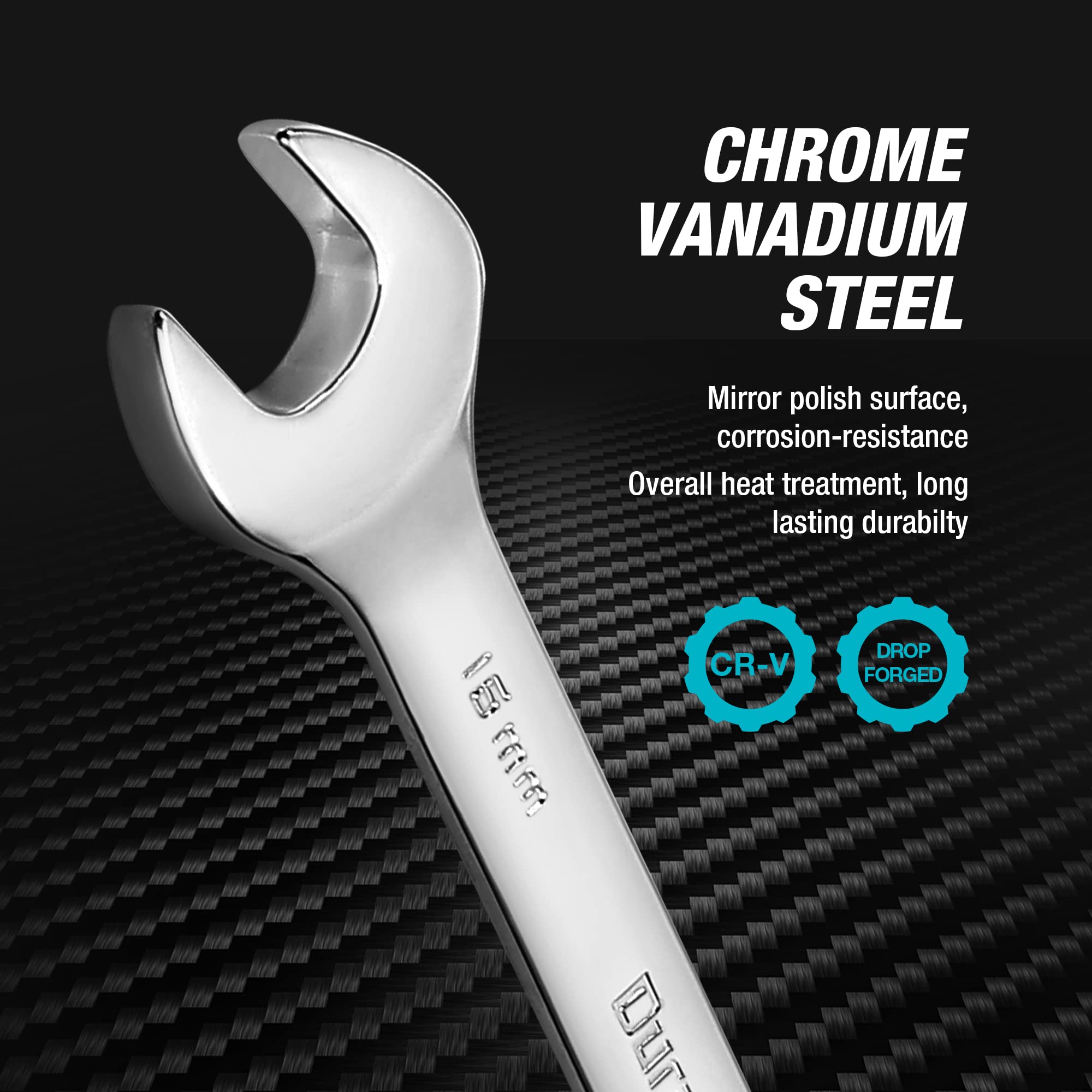 DURATECH Gelenk-Ratschenschlüssel Set, 12-teilig, 8-19 mm, Gabelschlüssel Ringmaulschlüssel Ring-Satz, mit 72 Zähnen, 5° Schwenkbereich, Chrom-Vanadium-Stahl, inkl. Rolltasche 3