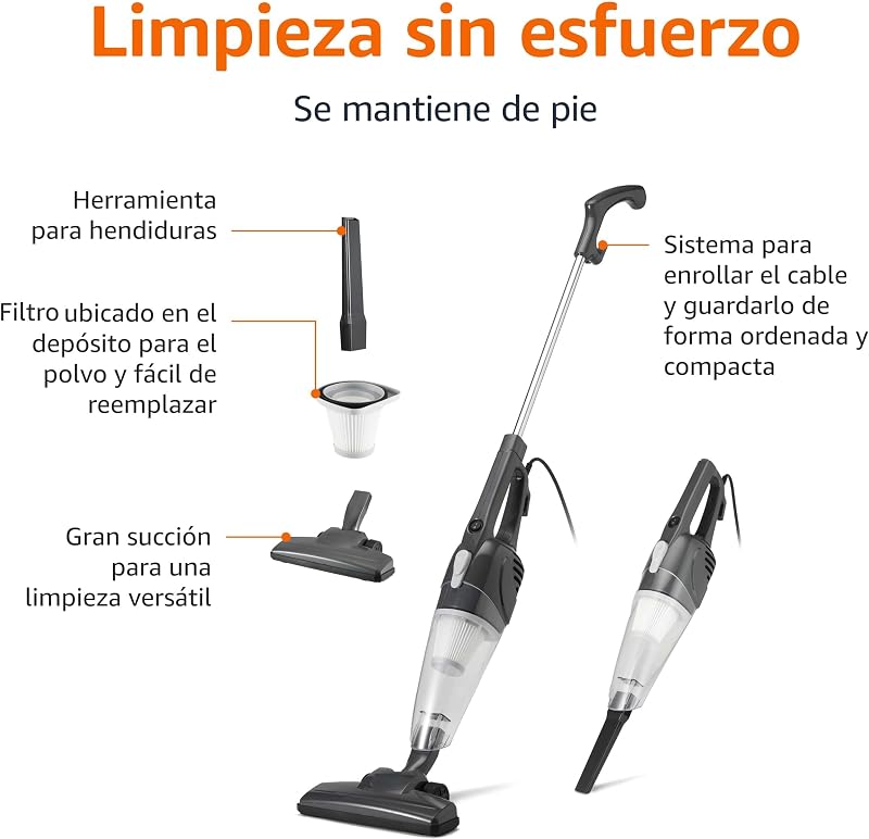 Amazon basics — aspirador 2 em 1 com fio, motor eco, filtro hepa, baixo peso