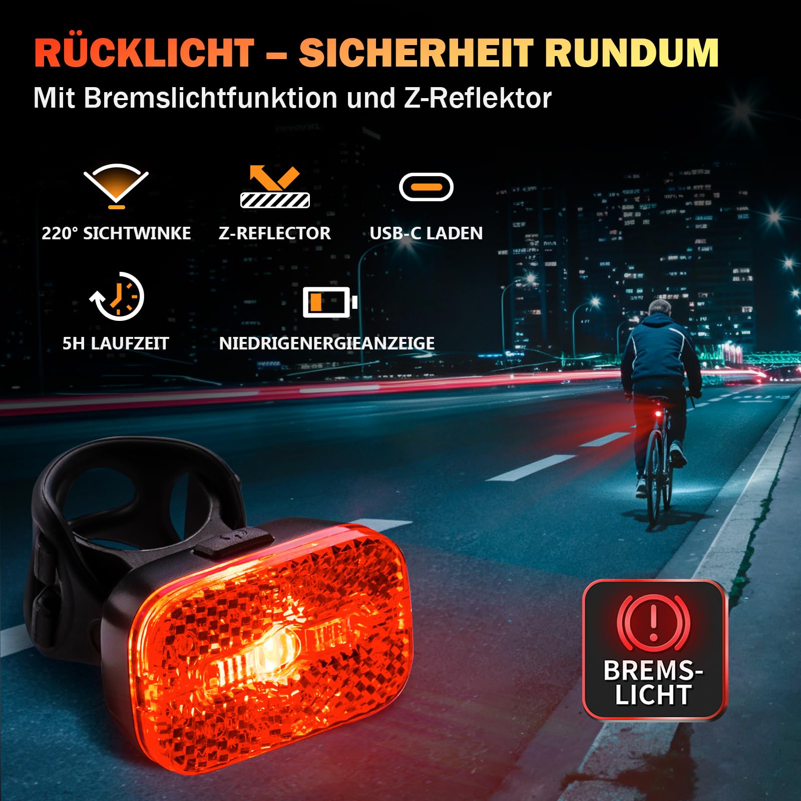 Fahrradlicht Set 100 Lux StVZO, USB-C Akku Vorderlicht + Rücklicht mit Bremslichtfunktion, wasserdicht IPX5 für Pendler & Nachtfahrten 3