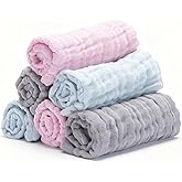 Bear Rocket Organic Muslin Baby Washcloths 6 Pack Baby Bath Face Towel 12x12 Inch Extra Absorbent and Soft Burp Cloth and Wash Cloths for Newborn-Infants On Sensitive Skin (Pink Grey Blue)