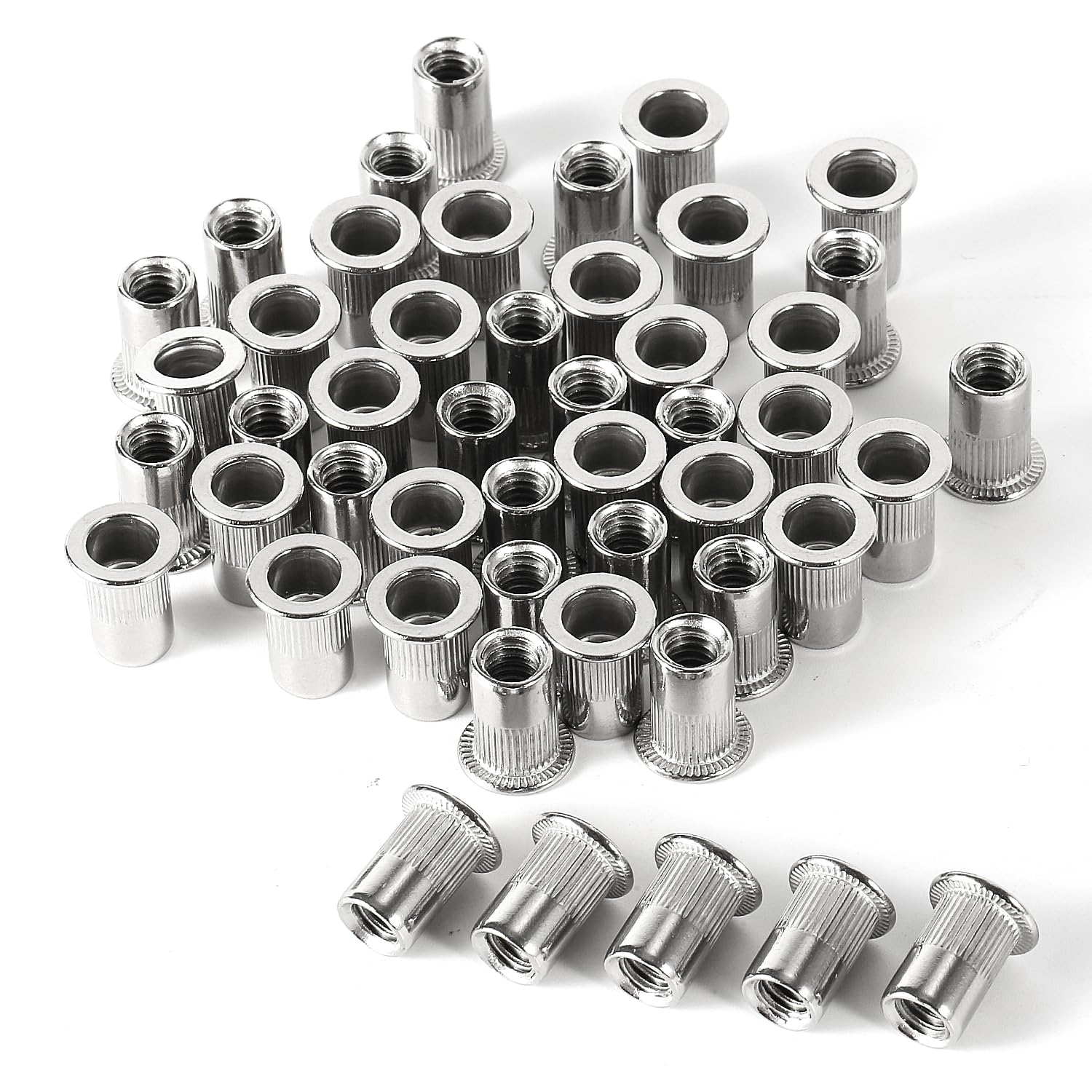 50pcs 1/4-20 Rivet Nuts, Stainless Steel Insert Nut Nut Insert Assortment Clinching Pressure Rivet Nut Flat Head for Rivnut Threaded Insert Nutsert for Automotive Electrical and Industrial Products