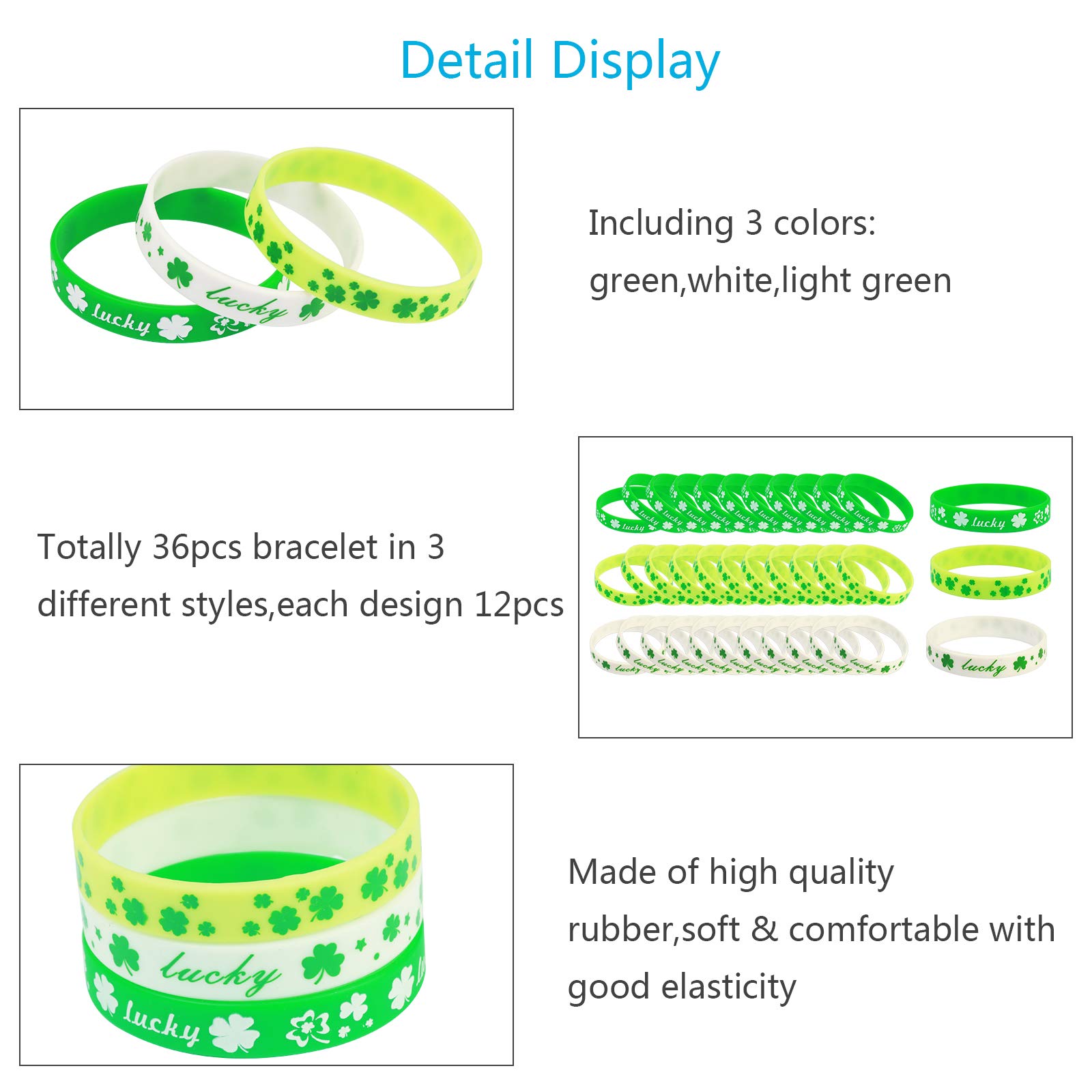 ZERHOK St Patrick\'s Day Shamrock Bracelets, 36pcs Clover Wristbands Silicone Bracelet Sets in 3 for Irish Day Party Favor Supplies Decorations