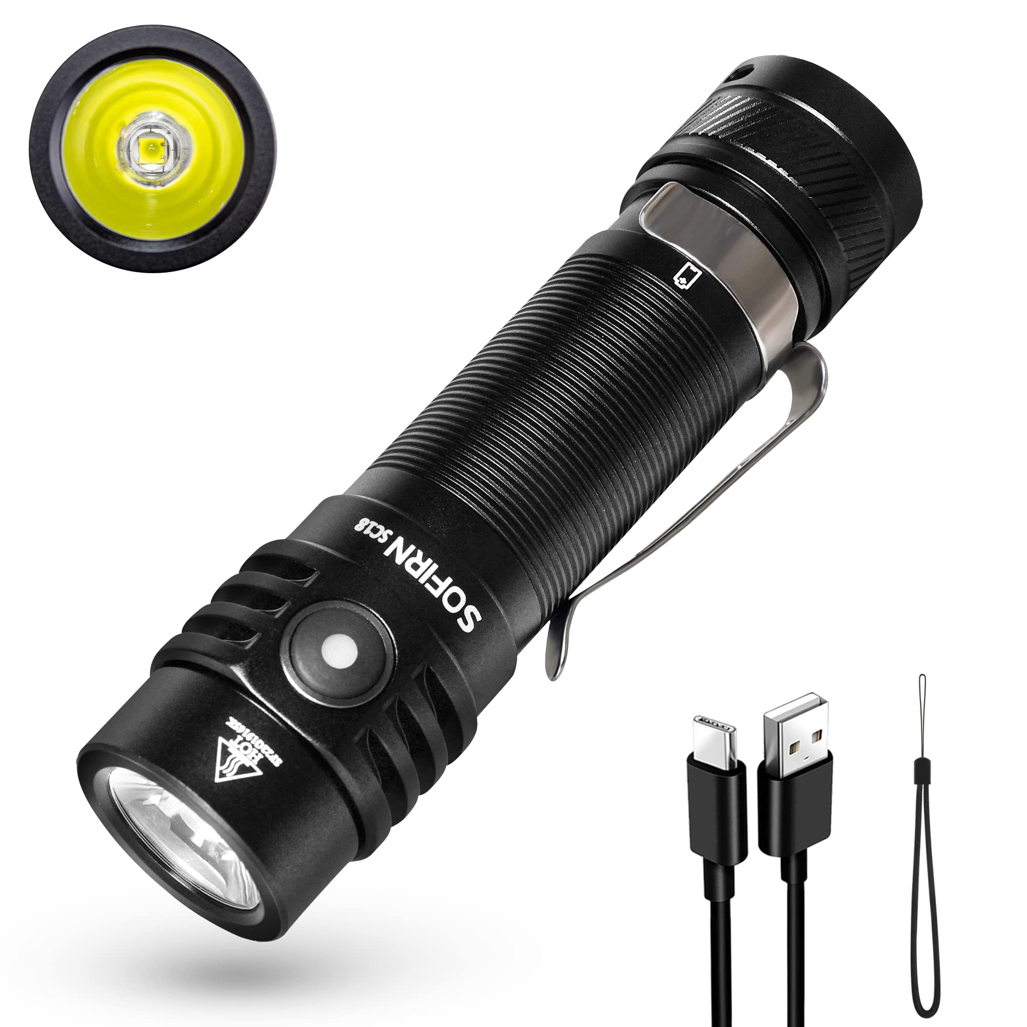 Sofirn SC18 Torches LED Super Bright Rechargeable Torch Flashlight 1800 Lumens IPX8 Waterproof, EDC Light with Side Switch 6 Modes,USB Hand Torch for Camping, Hiking and Emergency Use