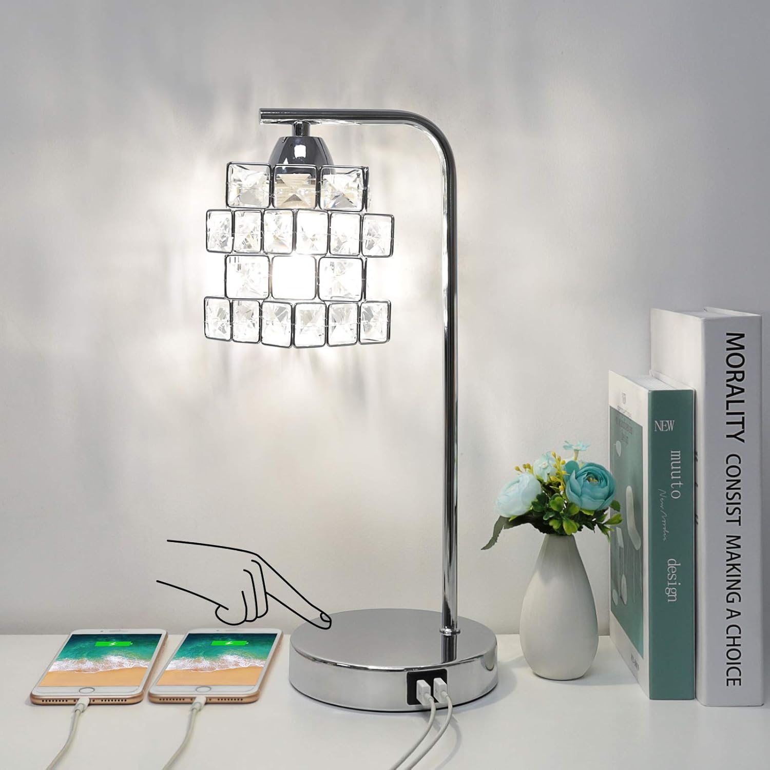 Crystal Touch Control Table Lamp with Dual USB Ports, 3 Way Dimmable Bedside Touch Lamp USB Side Table Lamp with Magic Cube Shade Modern Nightstand Lamp for Living Room Office, 4W LED Bulb Included