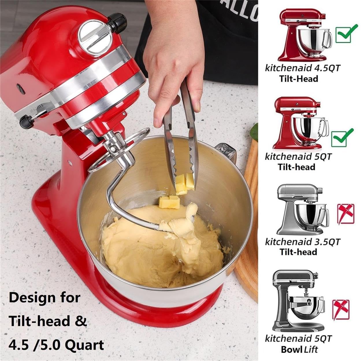 Dough Hook for KitchenAid Tilt-head and 4.5-5.0 Quart Mixers, Polished Stainless Steel Dishwasher Safe Kneading Attachment for Bread,Pasta, Pizza...