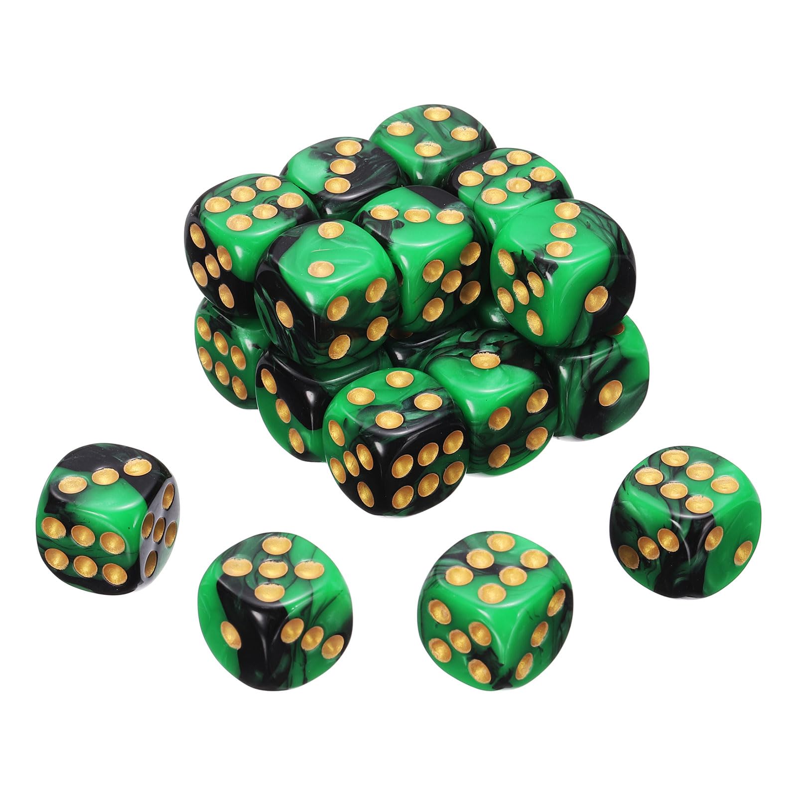 sourcing map 24Pcs 6 Sided Colored Standard Dice, 16mm Acrylic D6 Mini Polyhedral Pearl Pattern Two Tone Colors Game Dice Set for Table Games, Black/Green, Gold Point