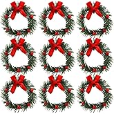UUYYEO 10 Pcs Mini Christmas Wreaths Dollhouse Miniature Wreaths Christmas Candle Rings Garlands Red Berry Napkin Rings Xmas Tree Hanging Ornaments Bows