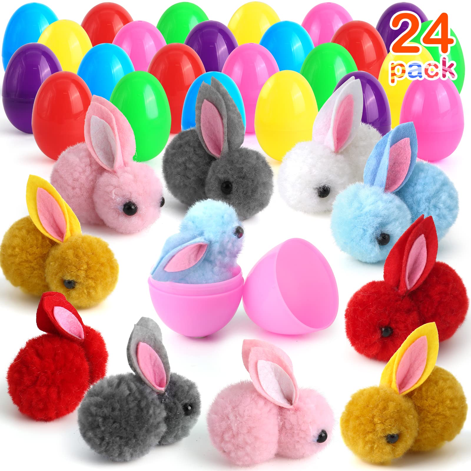 24 Pack Easter Eggs Fillers with Bunny Plush, Easter Basket Stuffers for Kids Easter Eggs with Toys Inside, Easter Mini Stuffed Bunny Animal for Easter Eggs Hunts Party Favors Surprise Egg