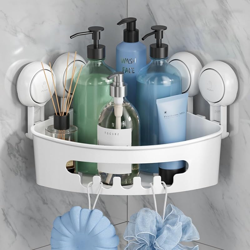 TAILI Corner Shower Caddy 90° Suction Shelves White ABS Triangle Shelf