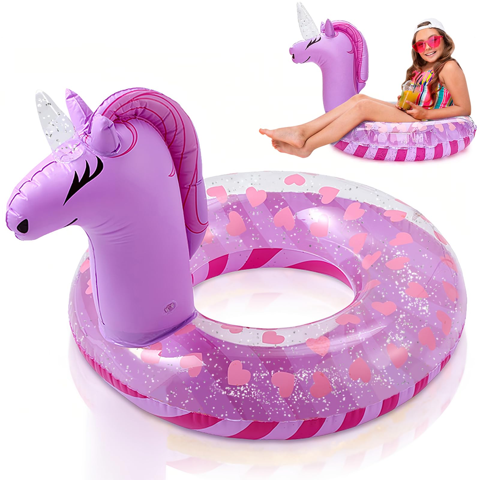 WenYa 28 Inch Unicorn Inflatable Floats Rings for Girls, Adults Unicorn Inflatable Pool Rings with Glitter for Water Fun, Beach Pool Toys for Summer Party (Purple)