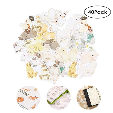 Hamkaw Ephemera Pack (40 Stück), Schöne Niedliche Tier Hinweis Aufkleber Washi Maskierung Klebrige Papier Bär Hamster Baby Ka