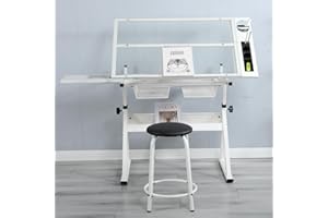 Gynsseh Glass Drafting Table, Height Adjustable Art Table with Stool and Storage, Tilted Tabletop Drawing Desk Art Craft Workstation for Sketching Painting Writing Working, S1-White