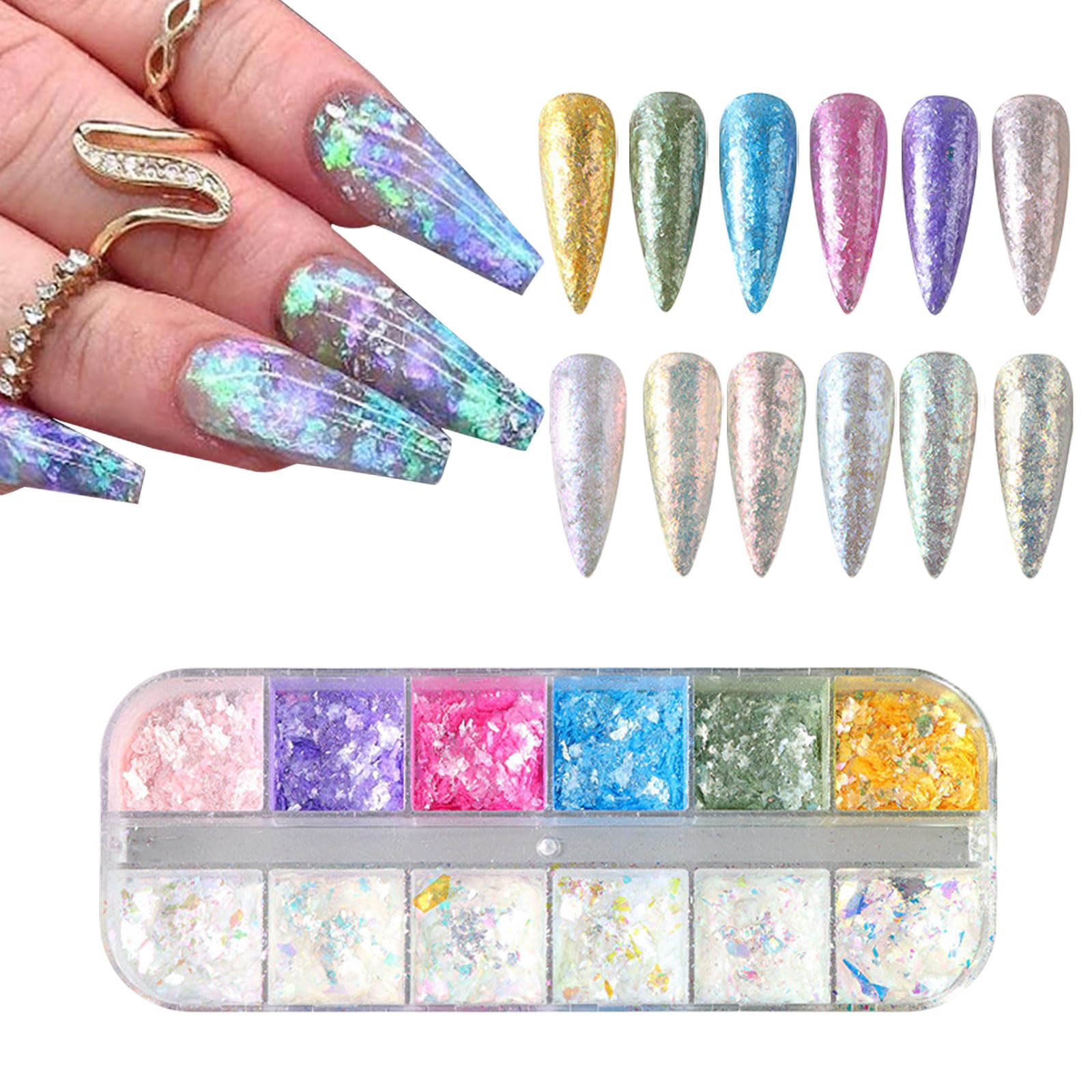 Holographic Nail Glitter,1Boxes 12Grids Opal Nail Flakes Aurora Iridescent Irregular Paillettes,Mermaid Bright Colorful Ice Foil Nail Sequins for DIY Nail Art Decoration Shining Flakes