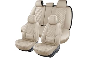 hoozoom Leather Car Seat Covers Full Set Breathable Automotive Seat Covers Waterproof Seat Protectors Universal Fit for Most Automotive Cars SUV Trucks Van (Beige, Full Set)