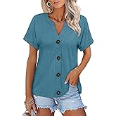 TICTICMISS Womens Button Down Shirts Short Sleeve Summer Tops Loose Fit V Neck T Shirts Casual Ladies Tunic Tees 2026