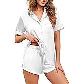 Ekouaer Womens Silk Satin Pajamas Set Short Sleeve Sleepwear Button Down Loungewear 2 Piece Pjs Shorts Set S-5X Plus Size