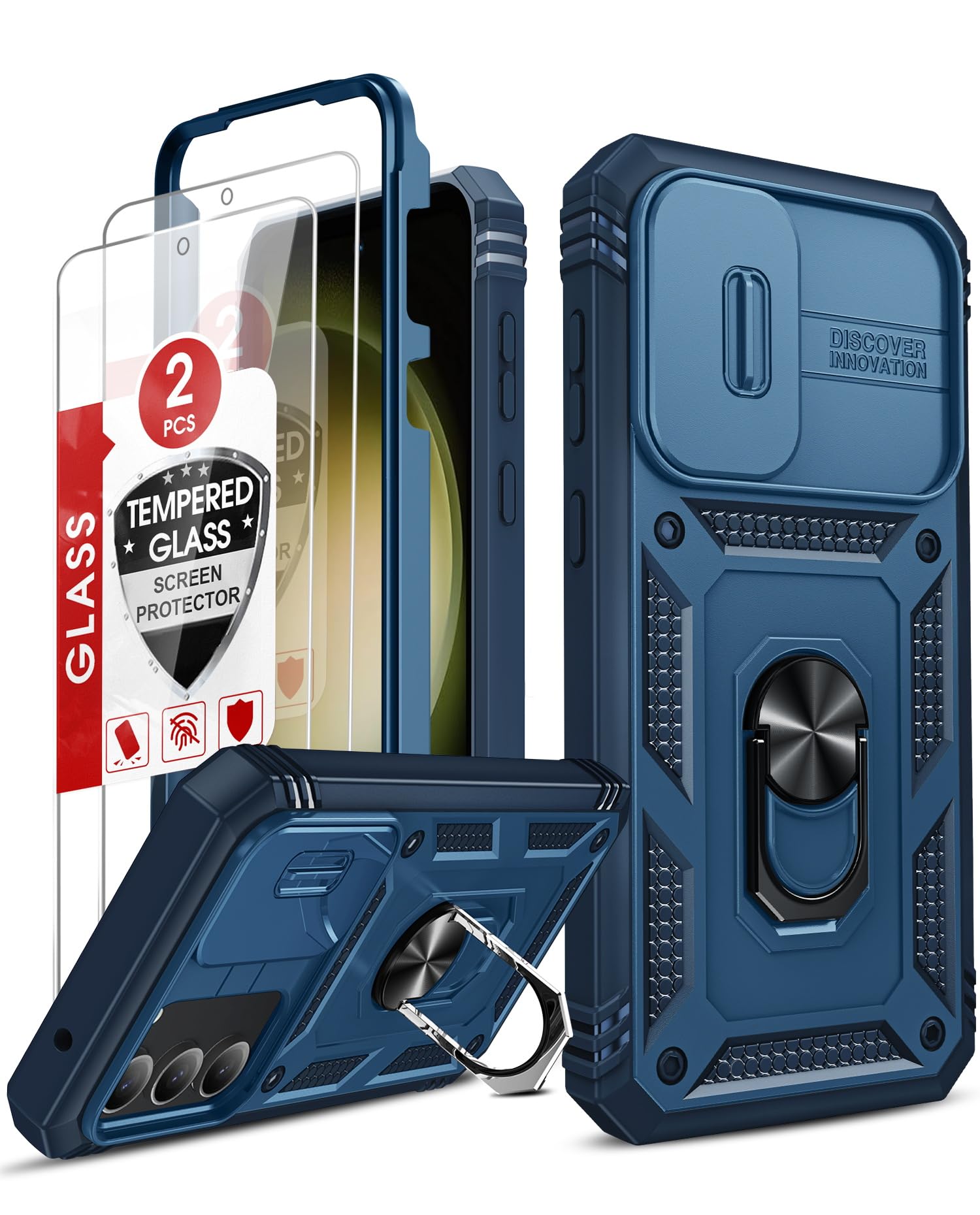 Photo 1 of LeYi Compatible for Samsung Galaxy S23-FE Case: Galaxy S23 FE Phone Case with Screen Protector X2 & Slide Camera Cover, Samsung S23 FE Case Dual Layer Protective, Magnetic Stand for S23FE Case, Blue