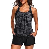 Daci Tankini Swimsuits for Women - 2025 Tummy Control Two Piece Bathing Suit with Sporty Pockets Shorts Blouson Swimwear