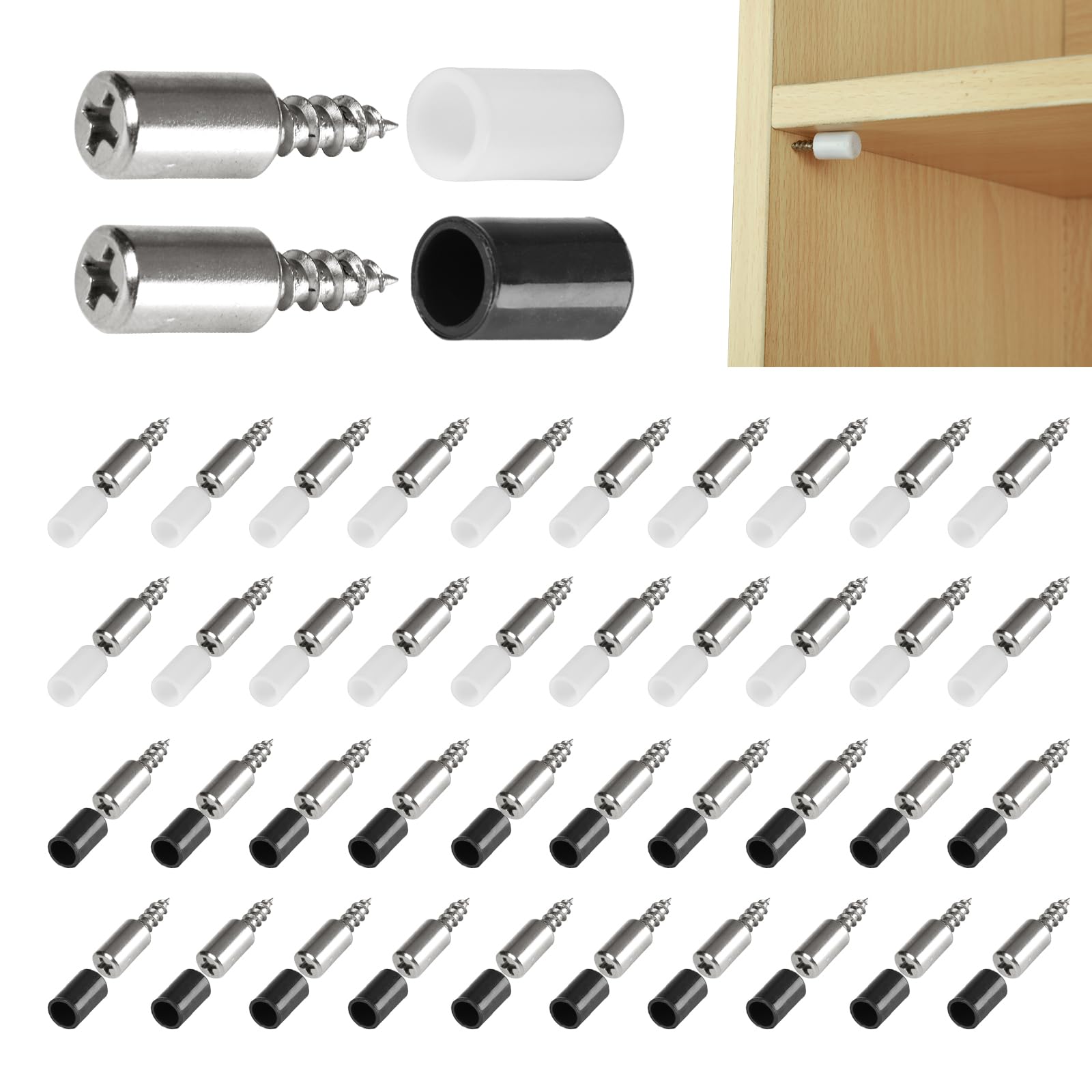 Shelf Support Pegs, 40 PCS Self-Tapping Screws Cabinet Laminate Support Shelf Pins, Metal Cupboard Shelf Support Pegs with Anti-Slip Cover, for Cupboards Cabinet Wardrobe (White, Black)