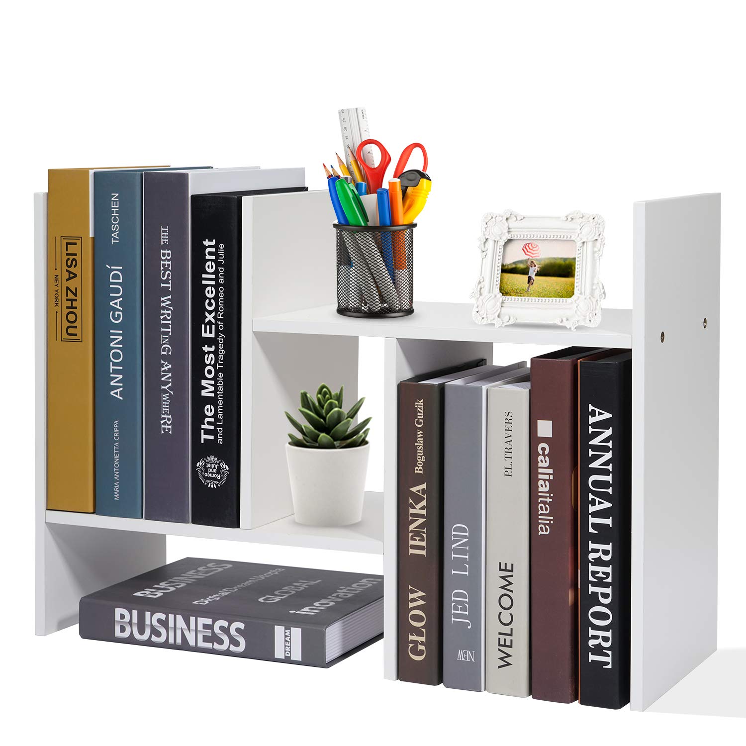 Hossejoy Desktop Bookshelf & Organiser, Adjustable Wood Desk Organizer Shelf Rack, Small Counter Top Bookcase Free Style Display Stand, Space Saving Bookshelf for Home Office - Easy Assembly