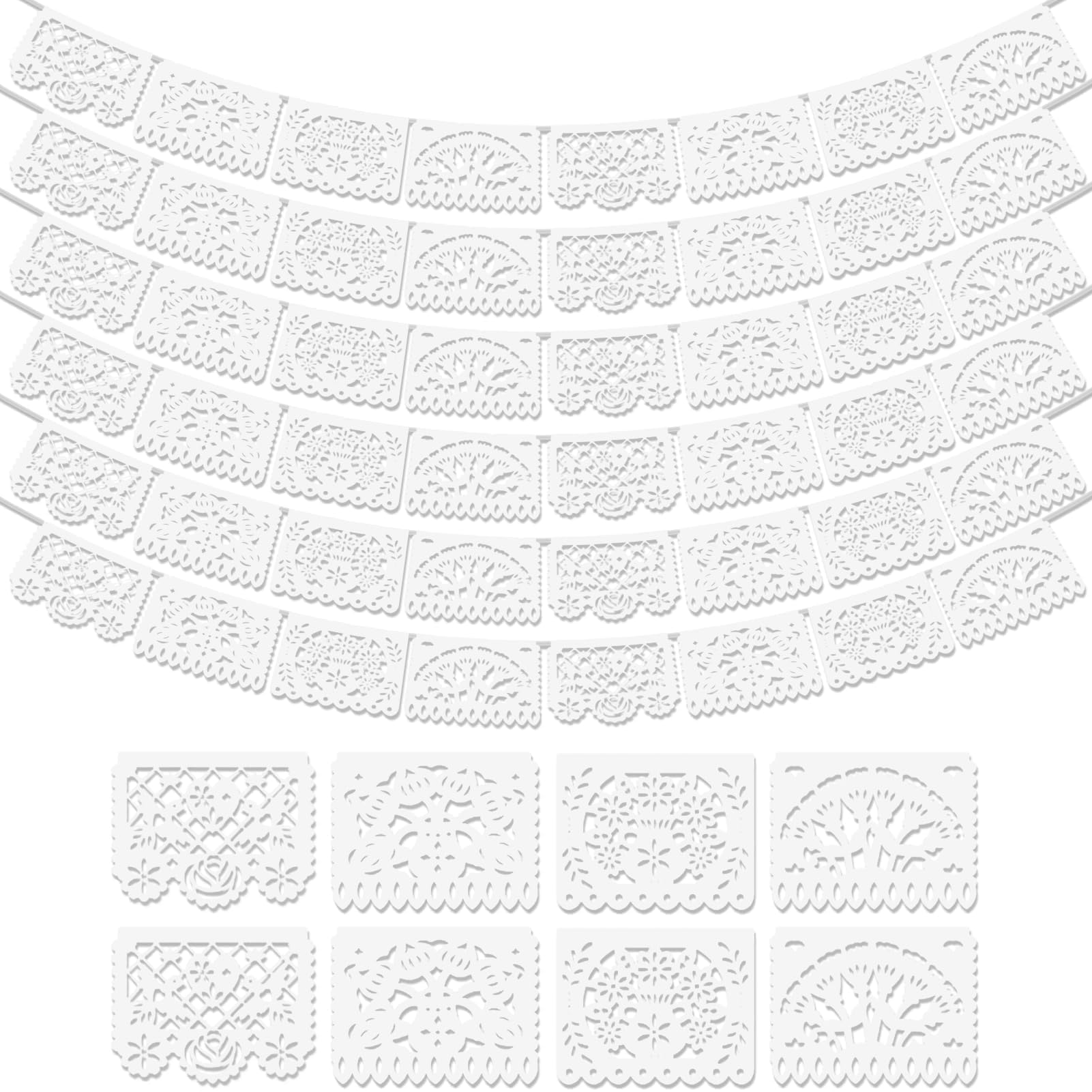 Photo 1 of Asoulin 6Pack White Papel Picado Banner, Cinco De Mayo Decoration Plastic Mexican Banner Wedding Fiesta Party Decoration 5 De Mayo Mexican Themed Mexico Birthday Party Decor Supplies - 4 Patterns/90Ft