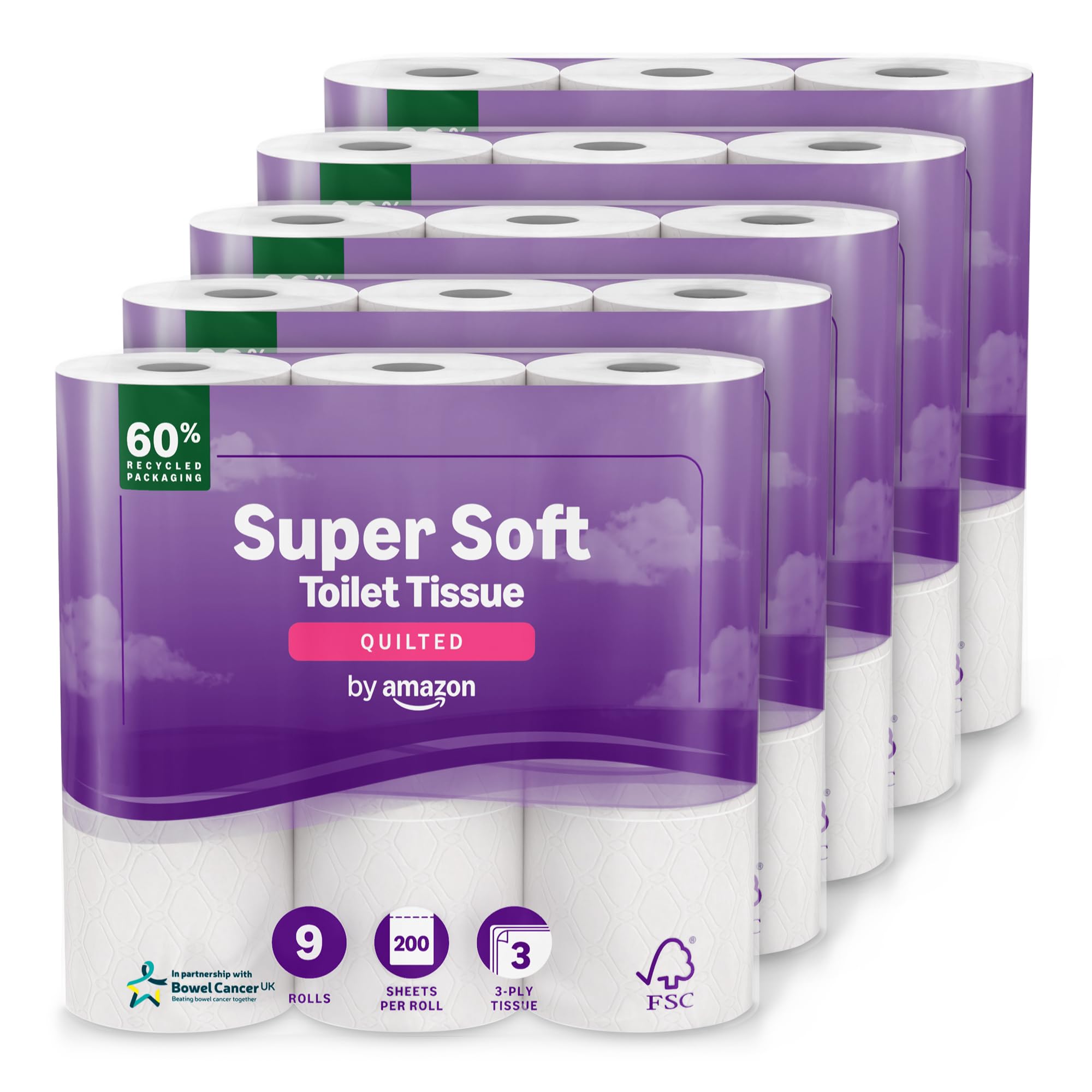 by Amazon Toilet Roll, 3-ply Quilted, Velvety Soft, 45 Rolls (5 Packs of 9), 200 Sheets per Roll, FSC Certified