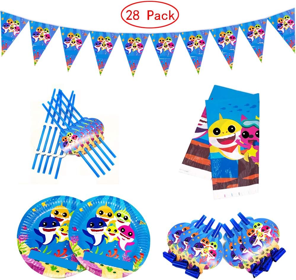MEISIYU Baby Cute Shark Birthday Party Supplies Set, Shark Table Cover, Shark Happy Birthday Banner, Shark Party Plates, Shark Straws Shark Party Decoration