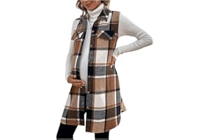 MakeMeChic Women's Maternity Vest Outerwear Plaid Print Collared Button Down Pregnancy Midi Coat