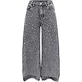 WDIRARA Girl's Sparkly Rhinestone Baggy Jeans High Waisted Washed Wide Leg Denim Pants