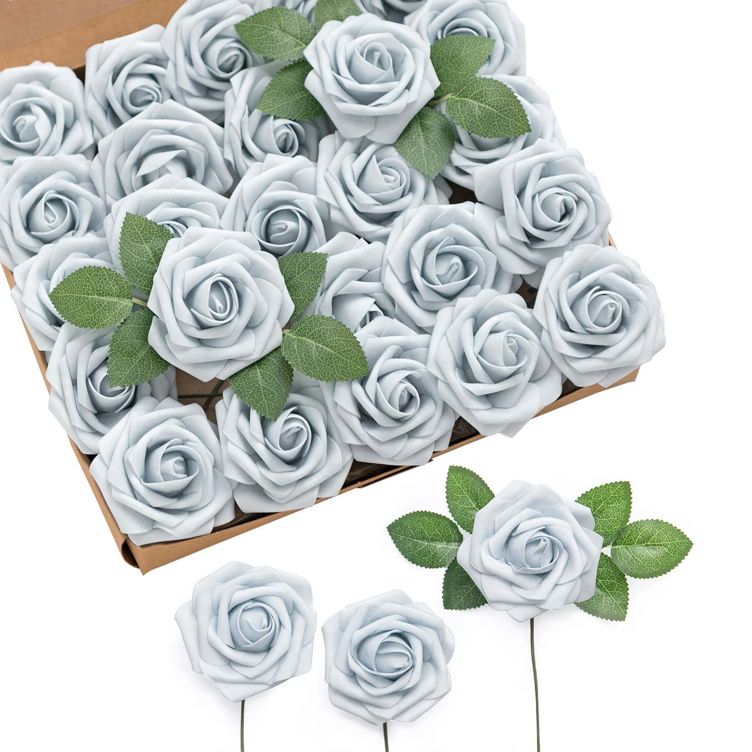 Photo 1 of Ling's moment Artificial Flowers 25Pcs Powder Blue Roses Decor w/Stems,3" Real Touch DIY Foam Floral for Wedding Bouquet/Centerpieces, Outdoors Party Backdrop, Room/Table, and Garden/Pot Decorations