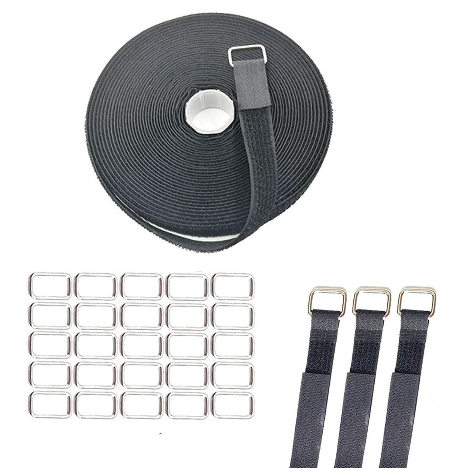 2cm x10m Hook and Loop Straps with 50 Metal Buckles, Adjustable Fastening Black Cable Straps Cable Ties Nylon Securing Cinch Strap Reusable Suitable for Bundling Items of Various Sizes