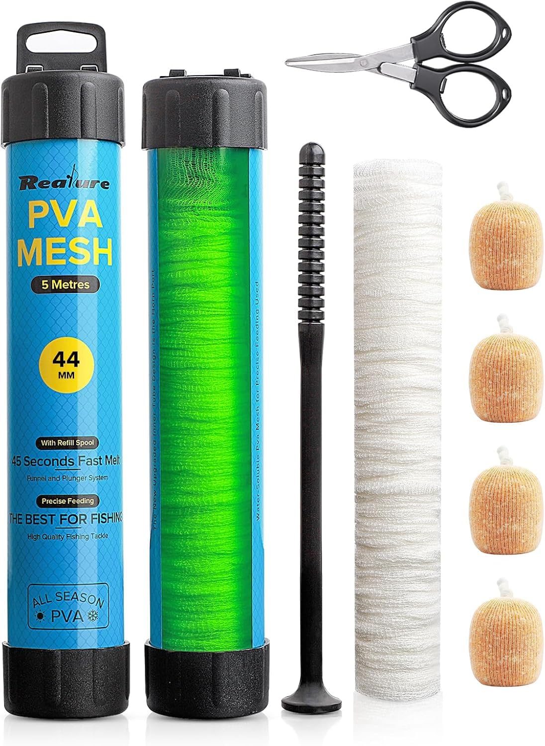 Realure 5M Pva Mesh Kit with Scissors,18mm 25mm 37mm 44mm Wide Pva Mesh Carp Fishing Accessories with Funnel & Plunger System,Fast Melt Bag Fishing Refill for Boilie,Bait,Feeding (44mm)