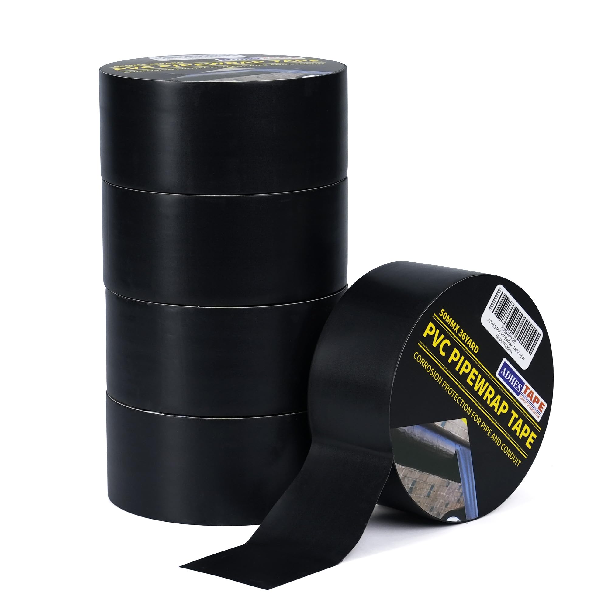 ADHES Strong Duct Tape Heavy Duty Adhesive Corrosion Protection Pipe Tape, PVC Waterproof for Drain Pipe, Metal & Electrical Piping, Outdoor Insulation, Underground Pipe, 2 Inch X 36 Yds 5Rolls Black