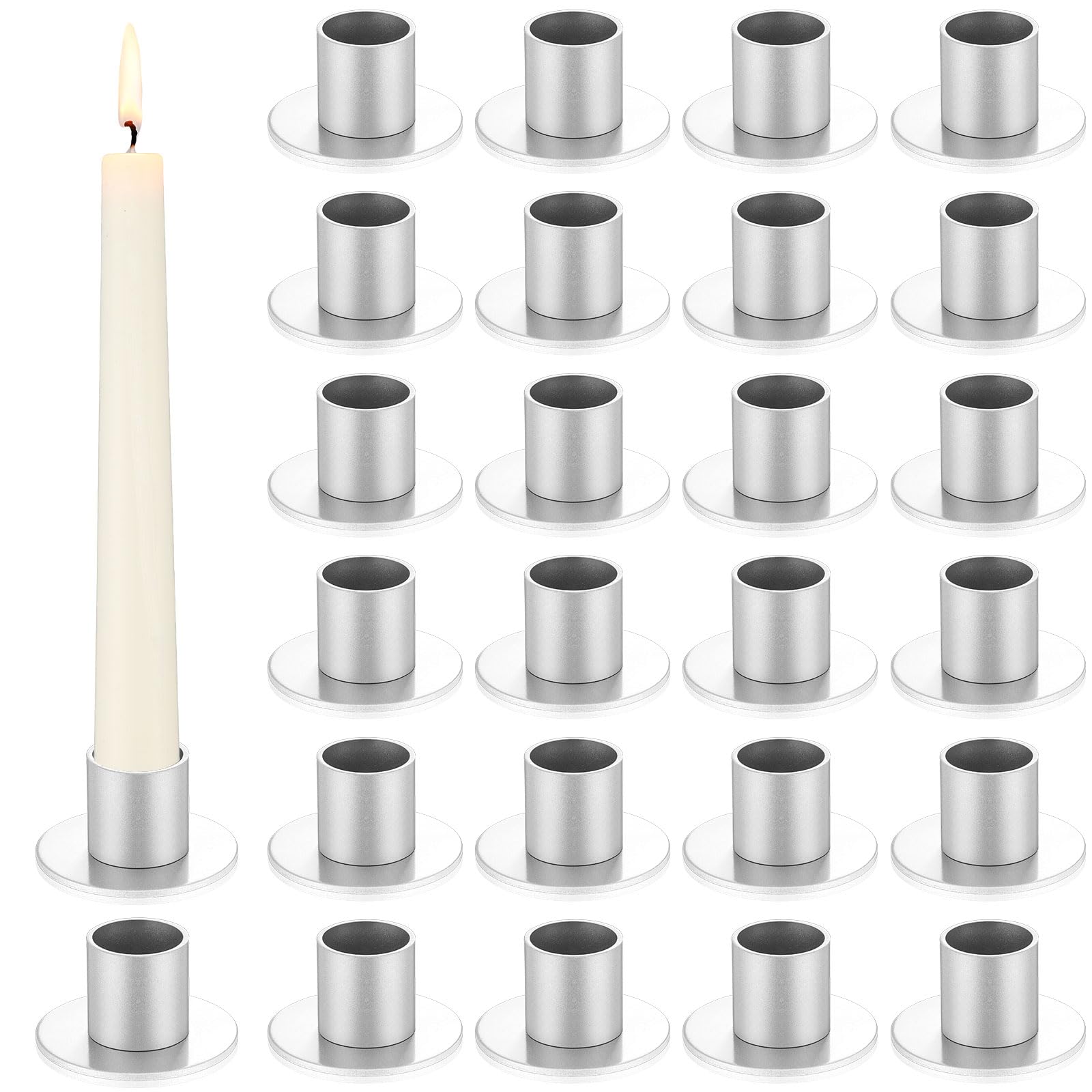 Photo 1 of FoldTier 24 Pcs Silver Taper Candle Holders Bulk for Pillar Candles Metal Short Candlestick Holder Silver Centerpieces Decoration for Christmas Thanksgiving Anniversary Dinner Party