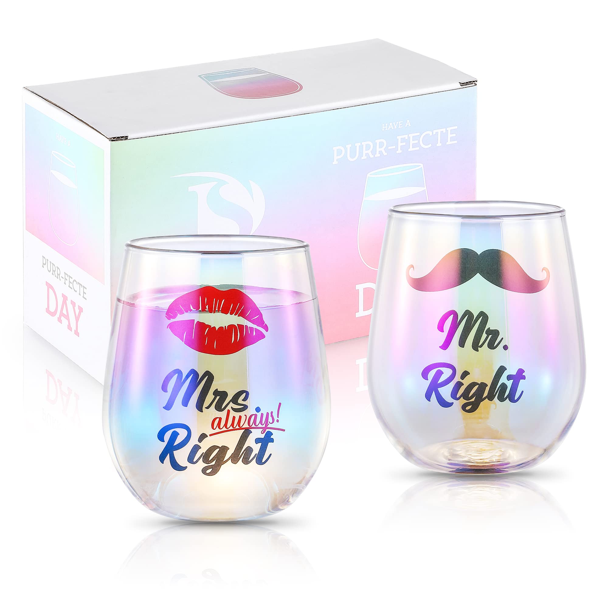 SHENDONG Mr Right Mrs Always Right Wine Glasses - Couple Gifts for Engagement, Wedding, Bridal Shower, Christmas, Valentine's Day - 2 Pack 450ml With Gift Box