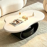 COSVALVE Cloud Coffee Table with Storage Drawer, Side Table for Living Room | High Gloss Top, Oval Metal Base, Center Table, Mid-Century Modern, Unique, Home Office, Sitting Room, Black and White