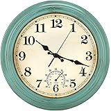 12 Inch Indoor/Outdoor Retro Waterproof Wall Clock with Thermometer,Vintage Battery Operated Silent Non Ticking Quartz Clock 