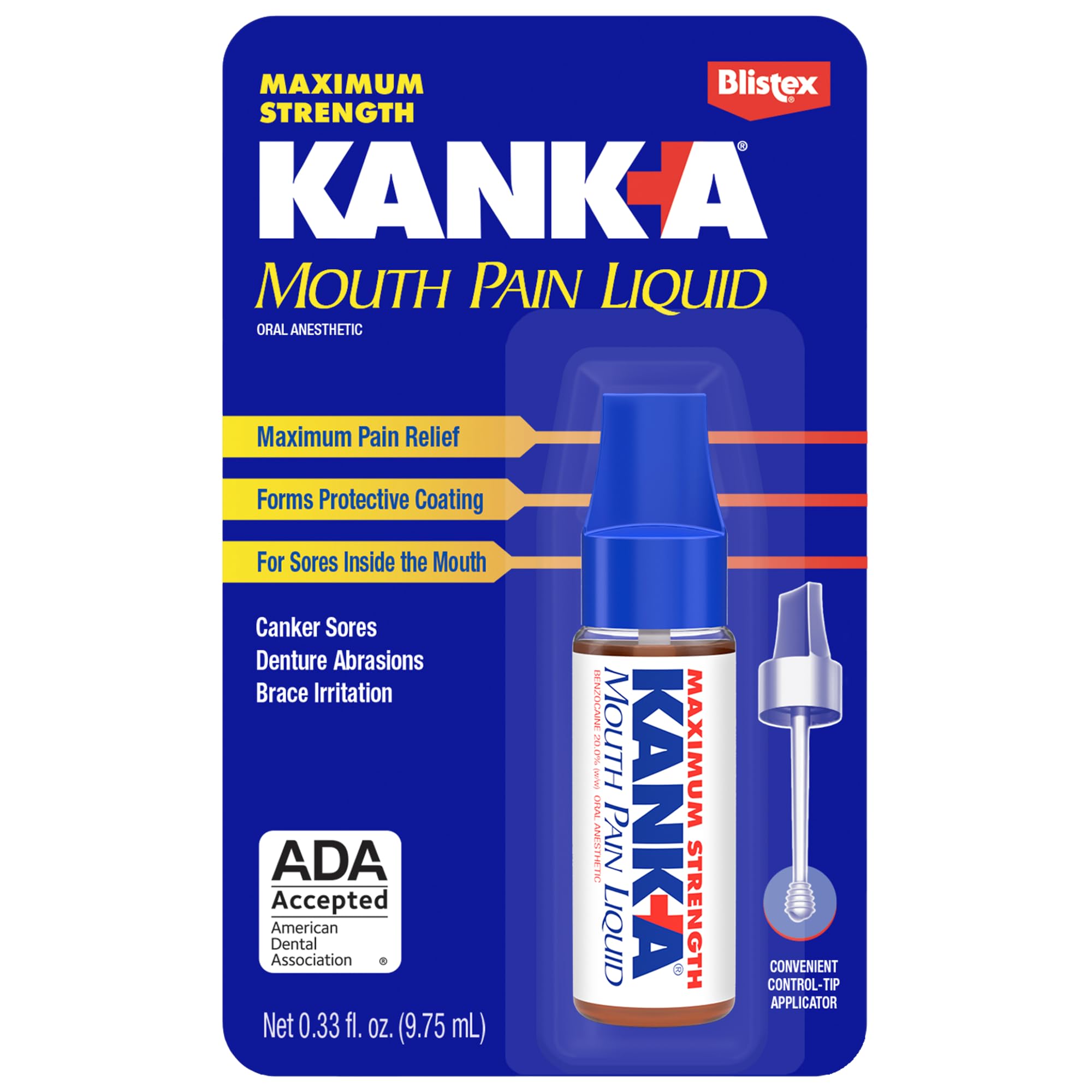 Kank-A Mouth Pain Liquid, Maximum Strength, 0.33 Fl Oz, Canker Sore Medicine, Includes Applicator, Forms Protective Coating for Mouth Sores, Maximum Pain Relief, 1 Pack