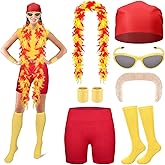 Clovilet 7 Pcs Halloween Wrestler Costume with Feather Boa Mustache Bandana Wrist Sweatbands Glasses Shorts Socks for Cosplay