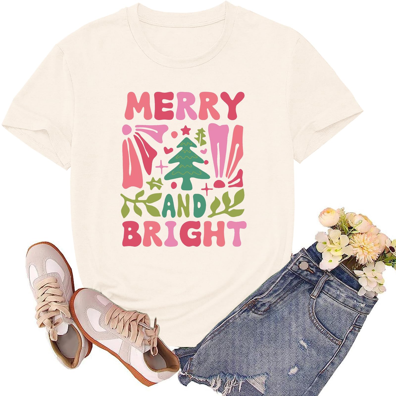Photo 1 of sallrue Christmas Shirts for Women Merry and Bright Tshirts Merry Christmas Shirt Xmas Holiday Tee Tops Cream