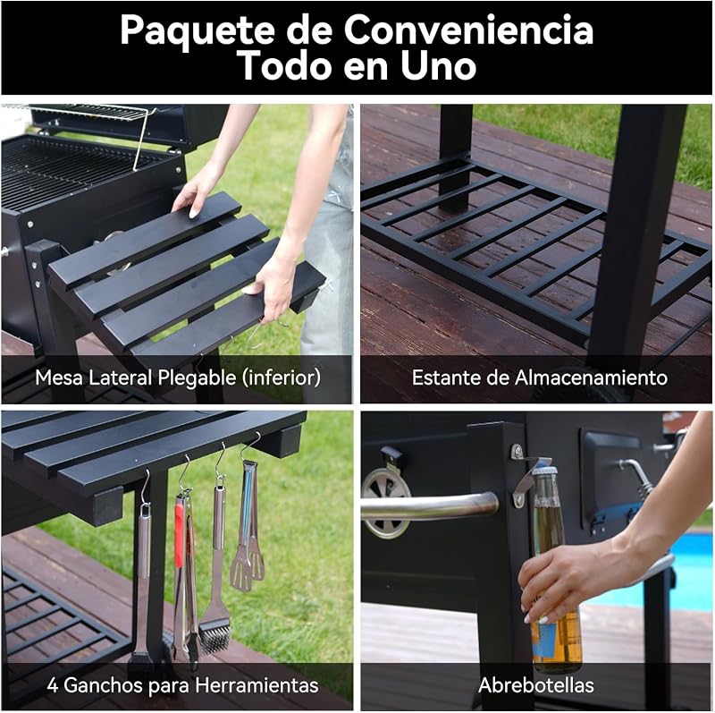 Barbacoa de Carbón, Parrilla con Tapa de Acero de 56×42,5 cm, Bandeja Ajustable en Altura, Mesa Lateral Plegable, Incluye Funda