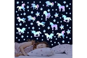 CLOTHMILE Glow in The Dark Unicorn Wall Decals Unicorn Wall Stickers Decor for Baby Girls Bedroom Blue Luminous Glow Unicorn Stars Ceiling Stickers for Kids, Birthday Gift for Baby Boys Kids
